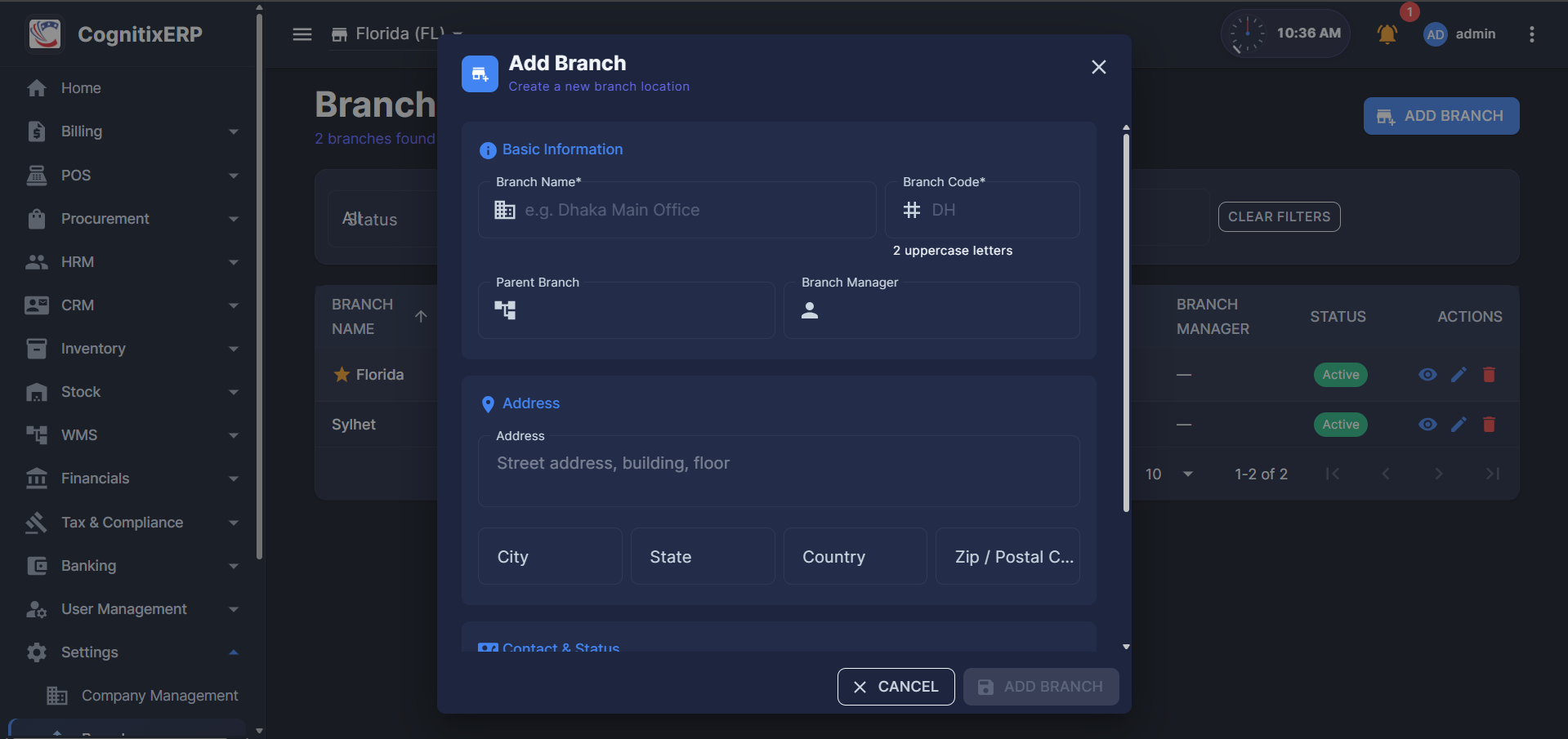 Add Branch dialog on the Branches list page