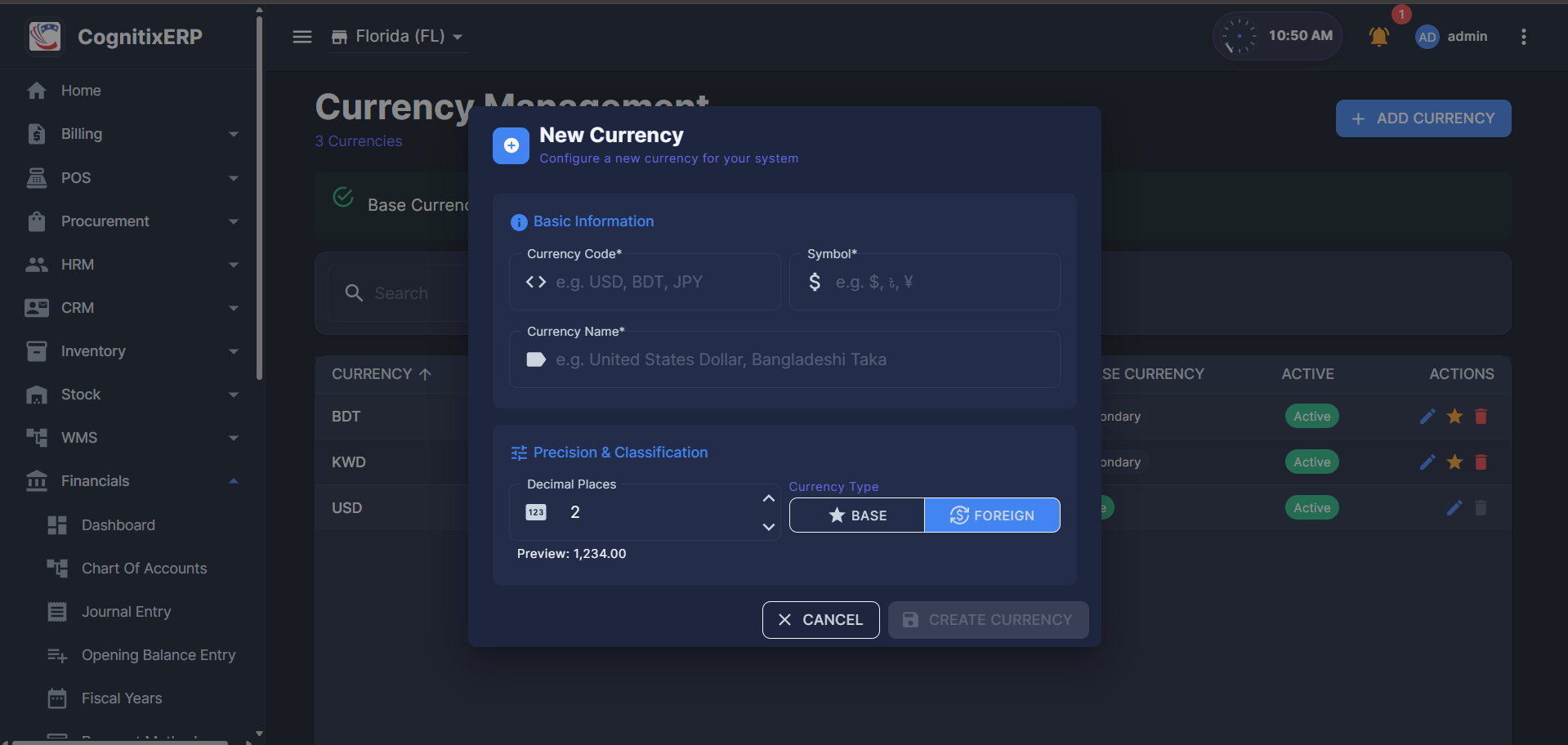 Add Currency dialog in Currency Management
