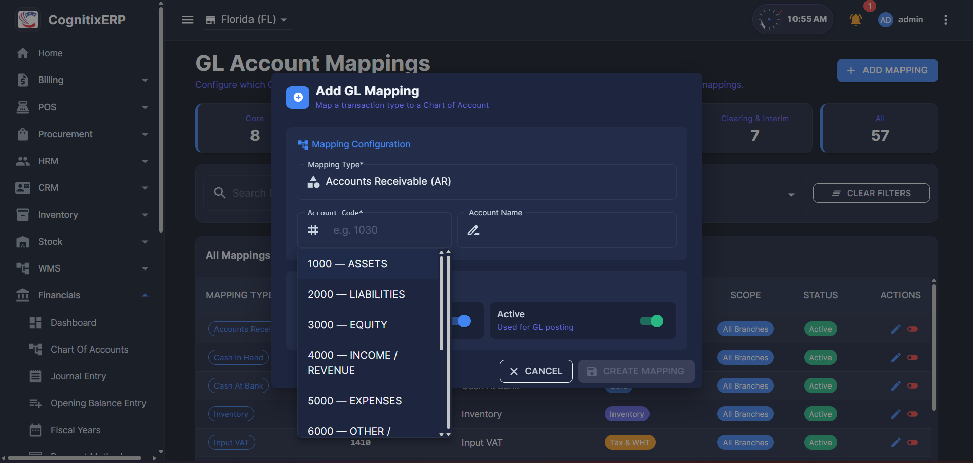 Add GL Account Mapping dialog