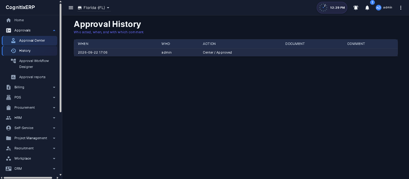 Approval history dialog — multi-level status and action timeline