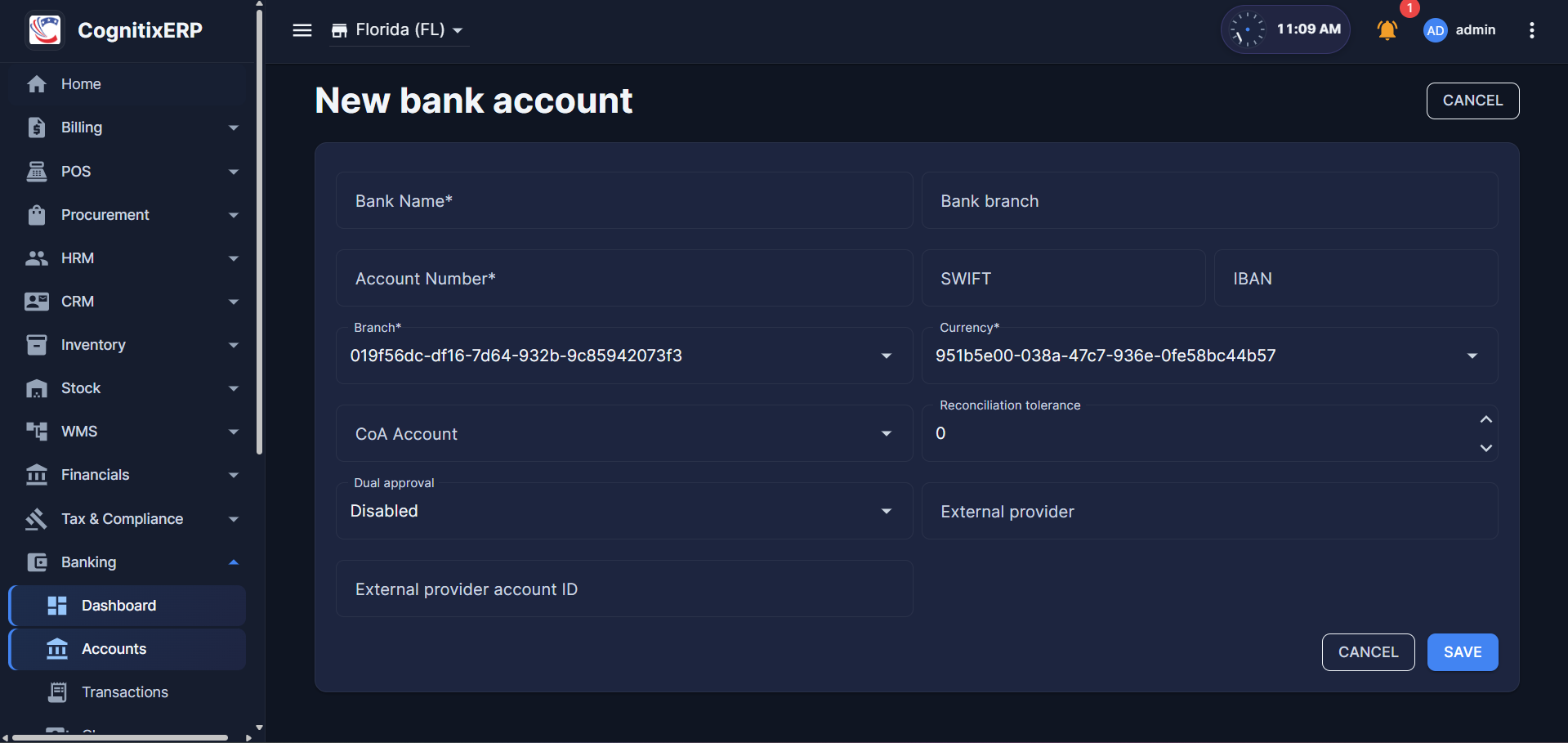 Bank Accounts list and management page