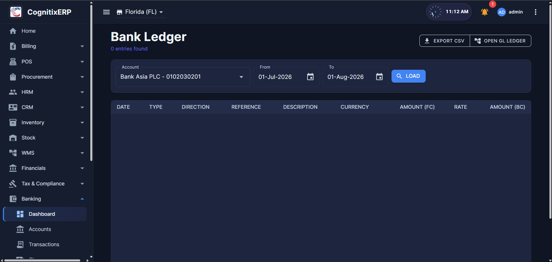 Bank Ledger register screen