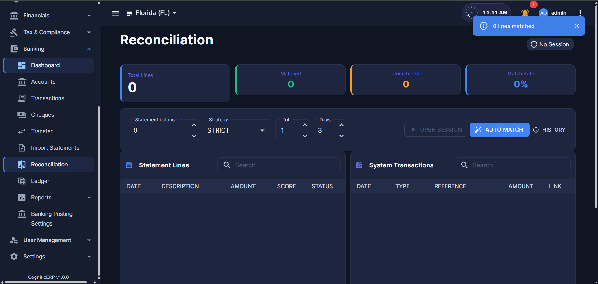 Bank Reconciliation two-panel workspace