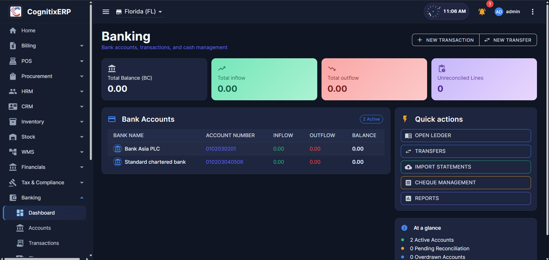 Banking Dashboard with balances and quick actions