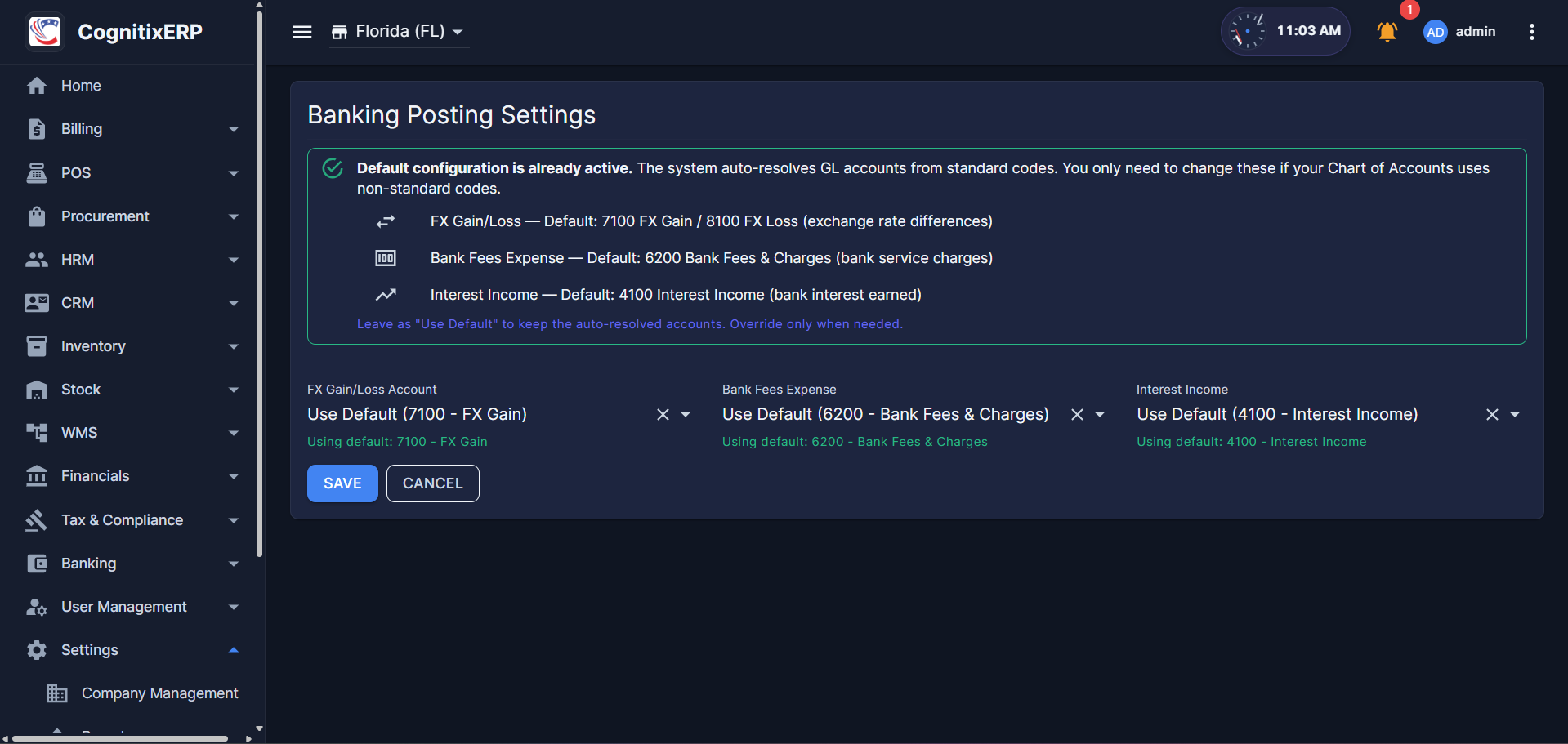 Banking Posting Settings screen