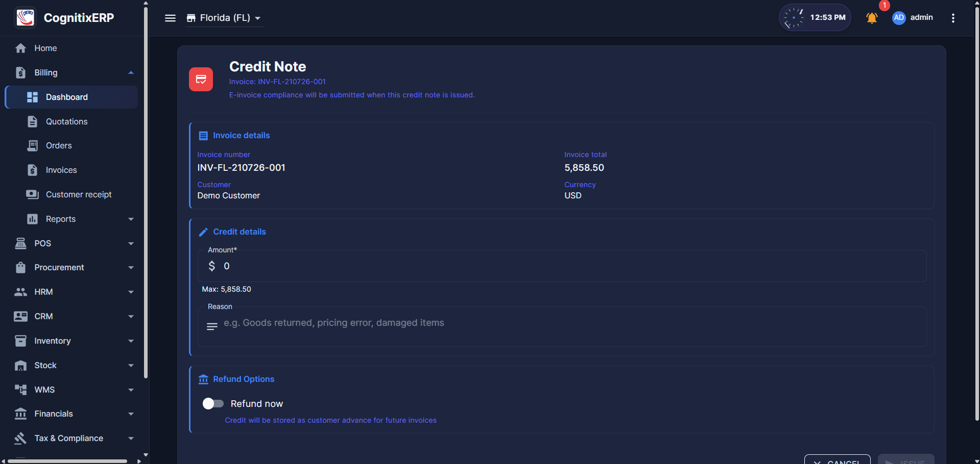 Billing Credit Notes page