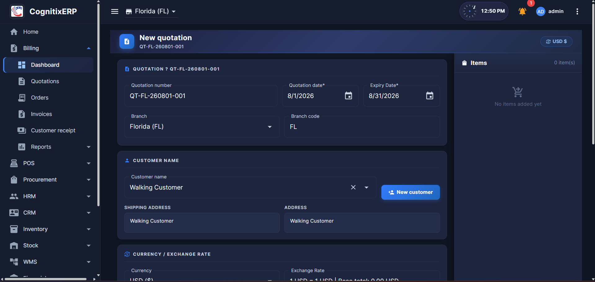 Billing Customer Quotations list page