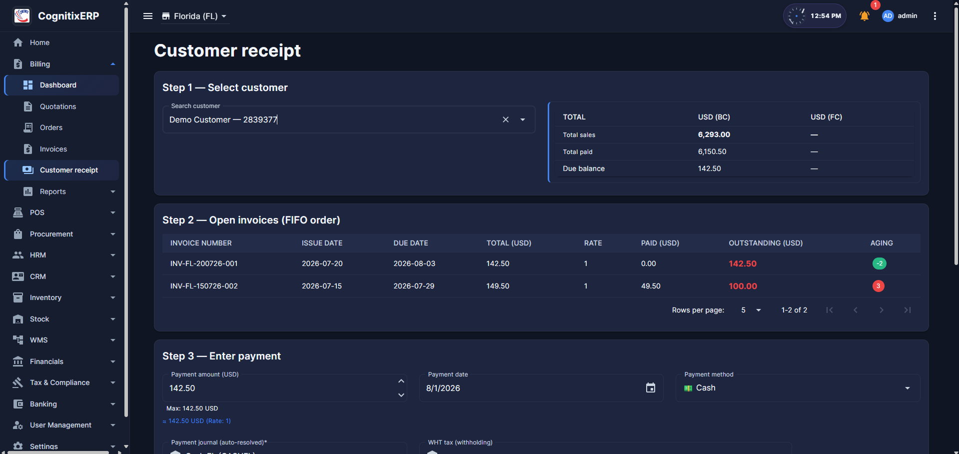 Billing Customer Receipt page