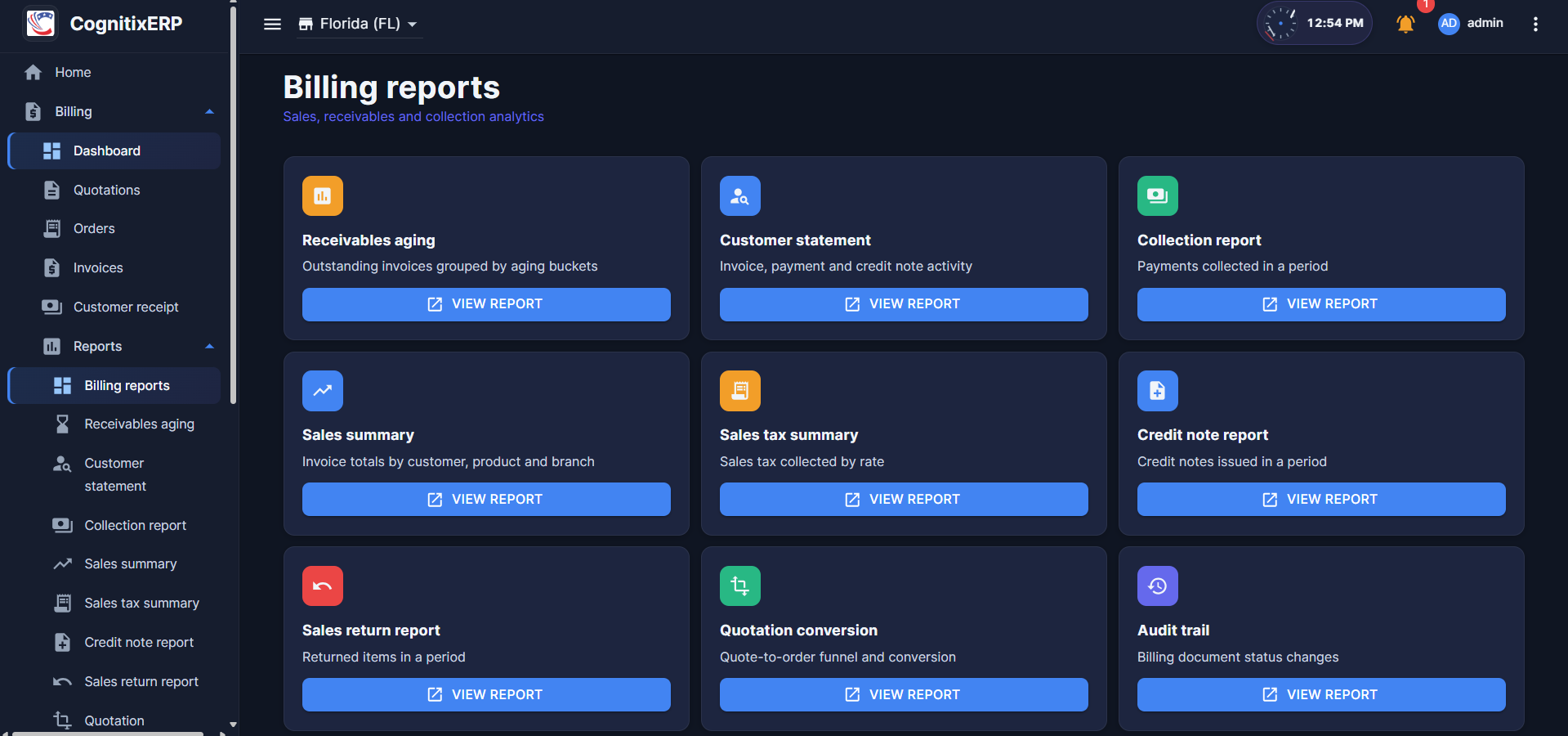 Billing Reports hub page
