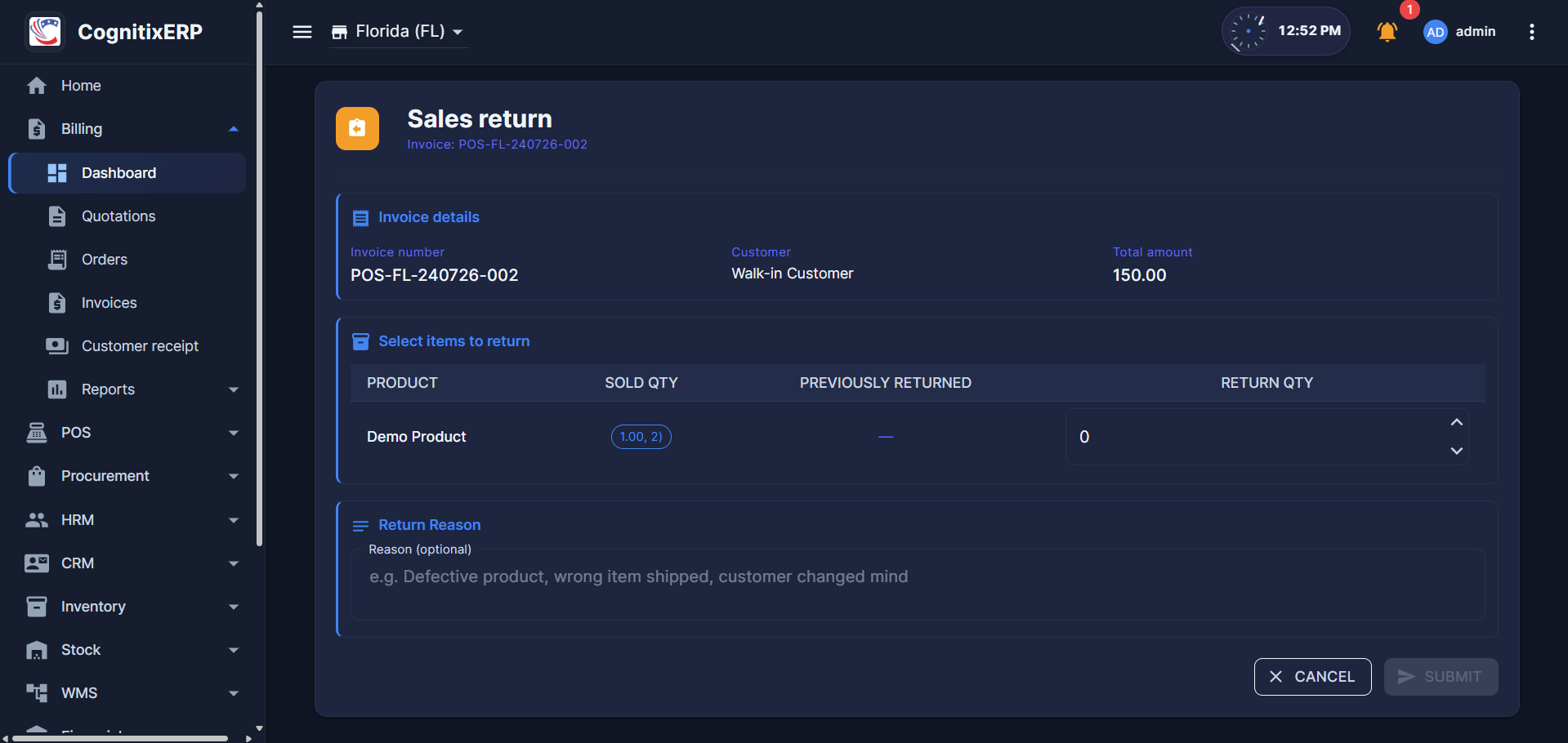 Billing Sales Returns page