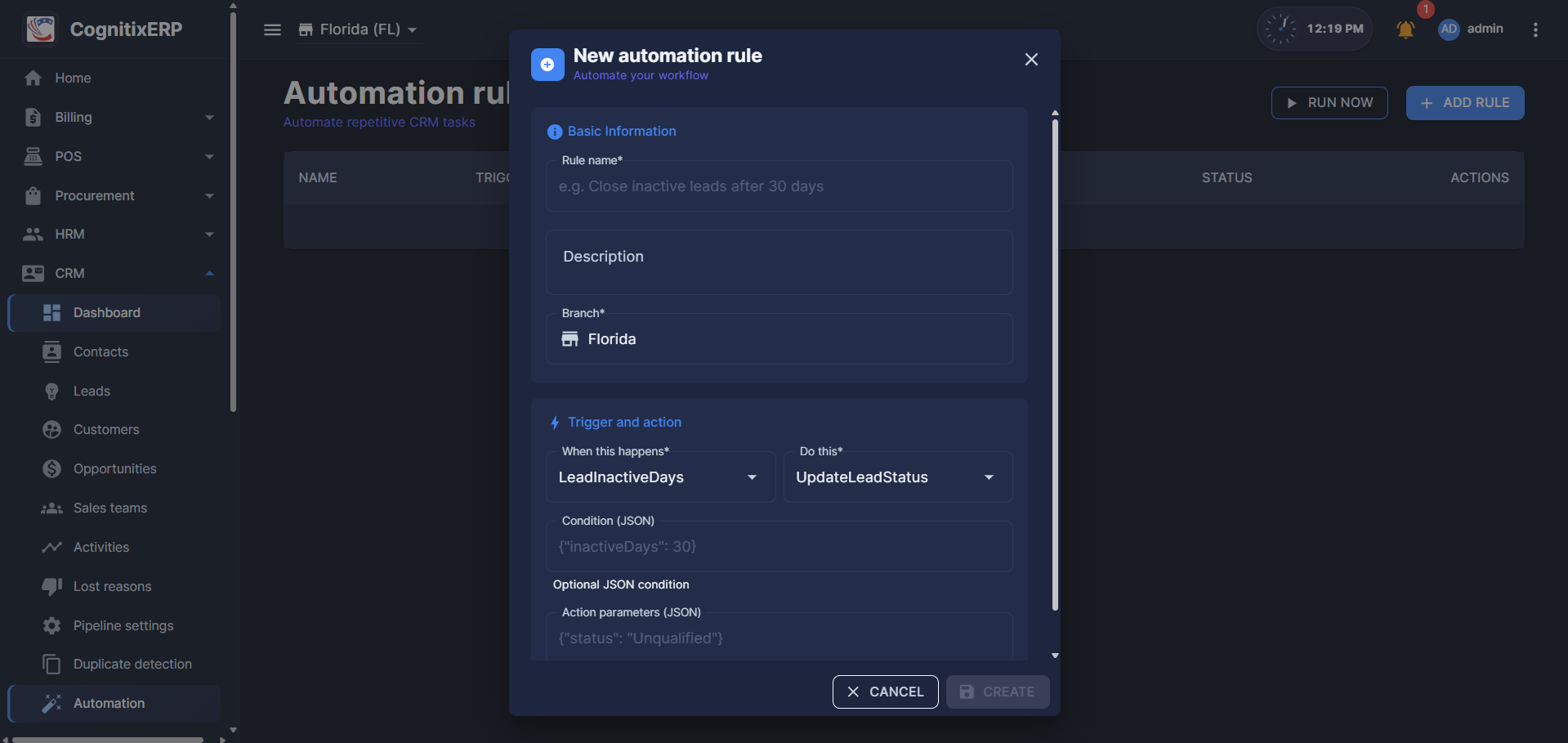 CRM Automation rules page