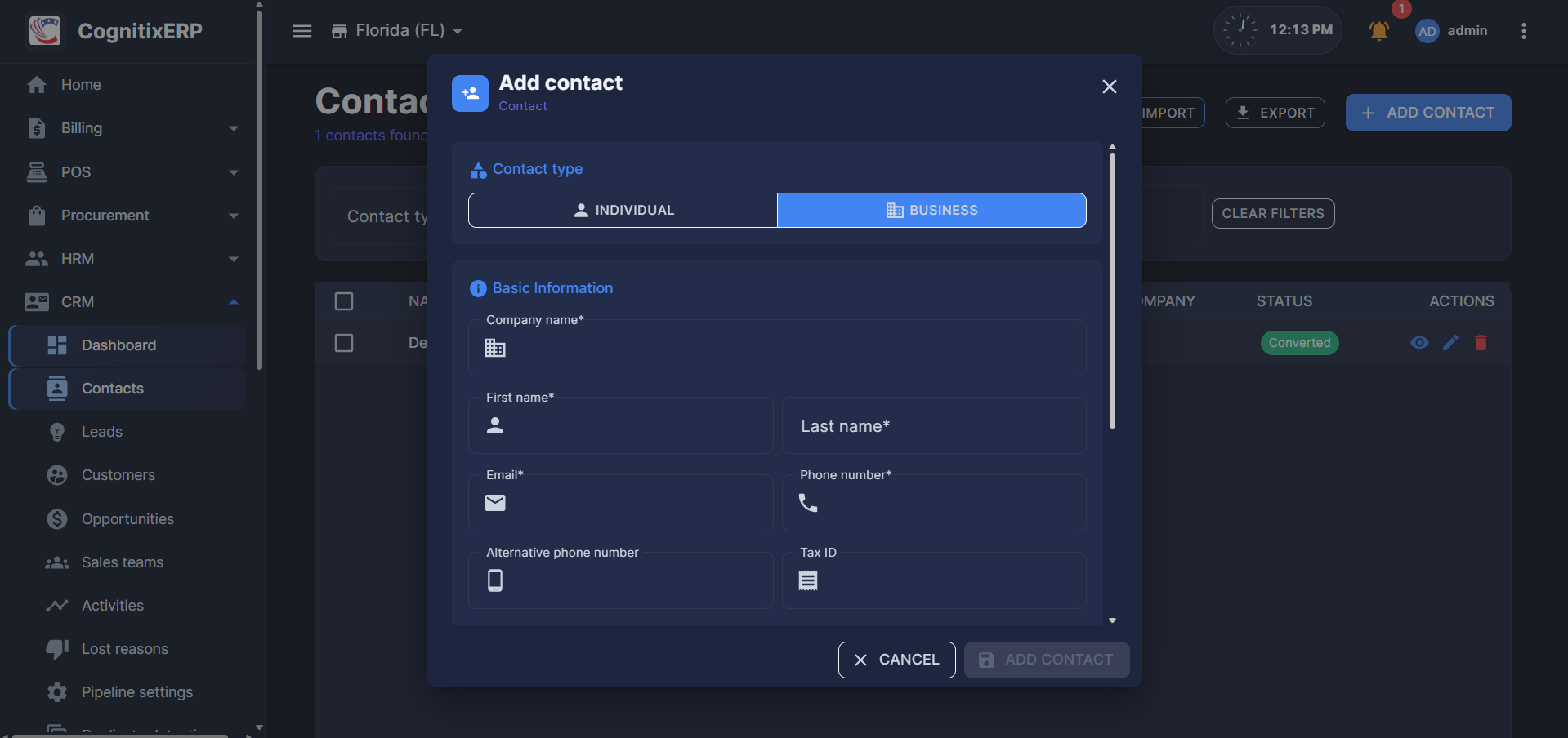 CRM Contacts list page