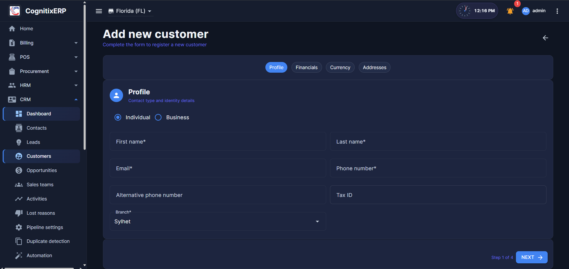 CRM Customers list page