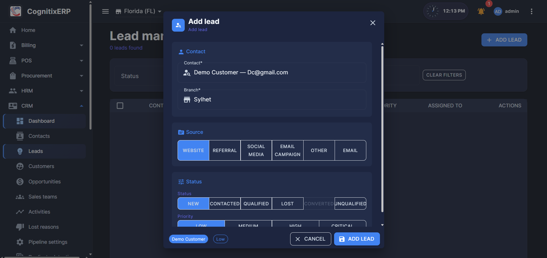 CRM Leads list page