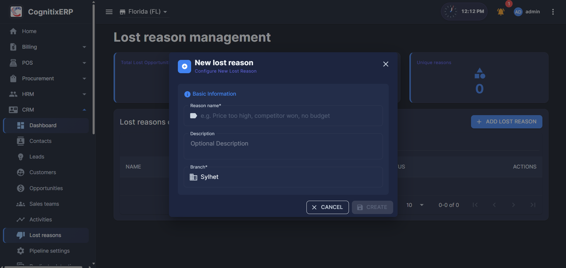 CRM Lost Reasons list page
