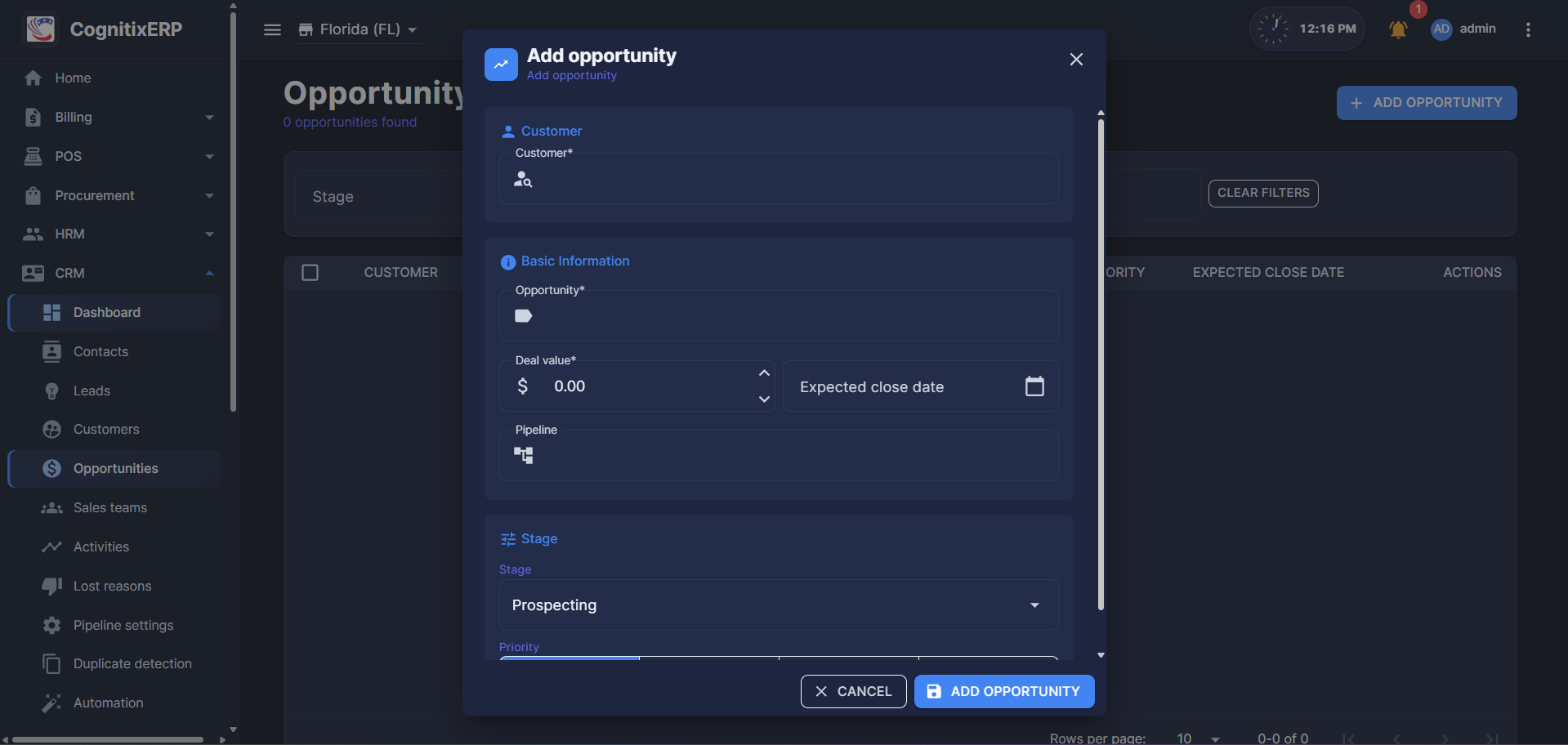 CRM Opportunities list page