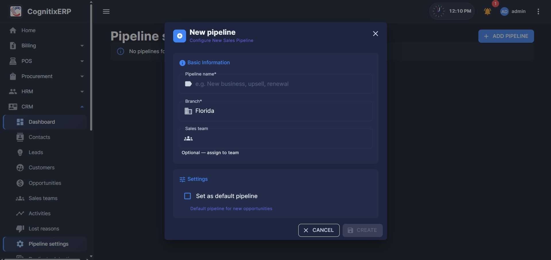 CRM Pipeline Settings page