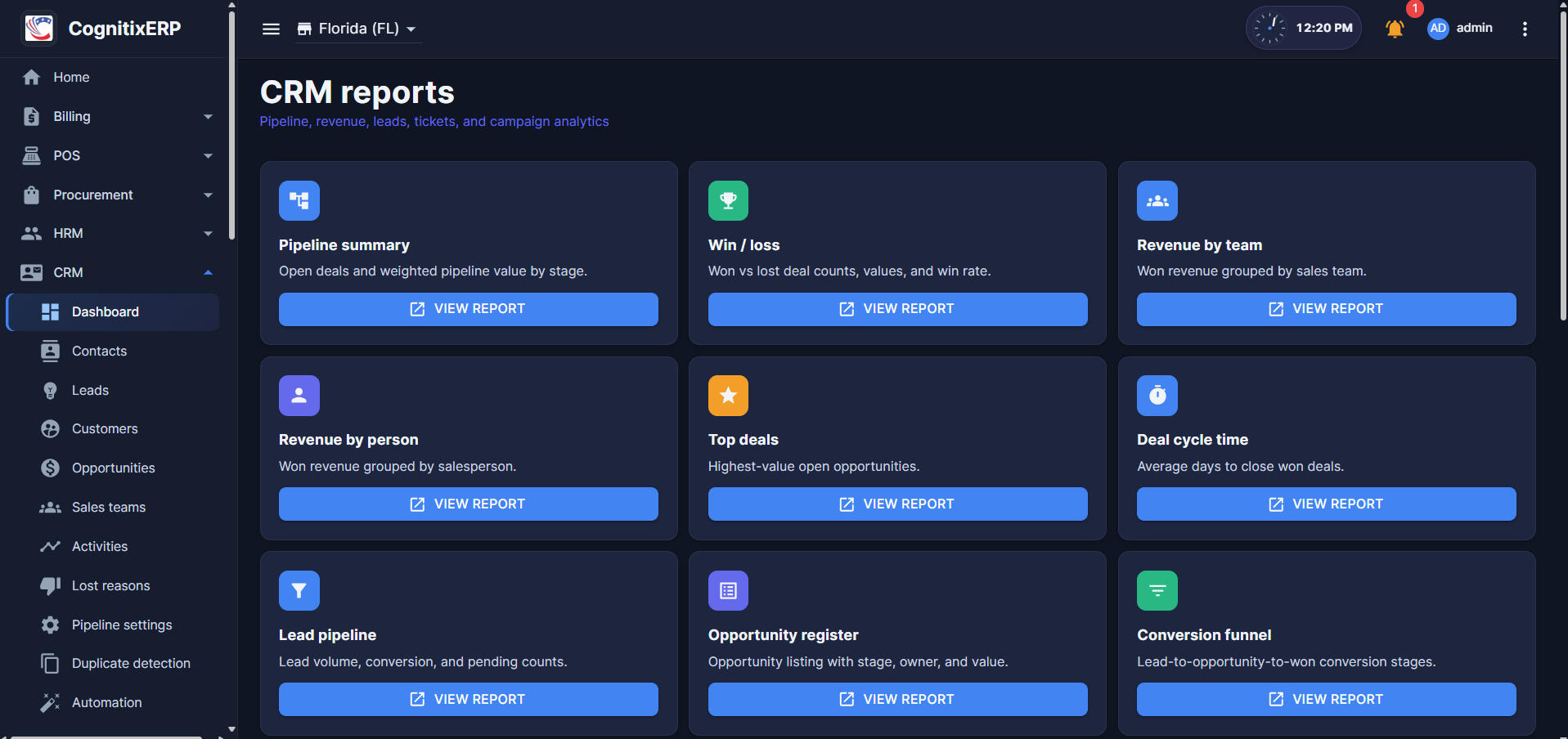 CRM Reports hub page