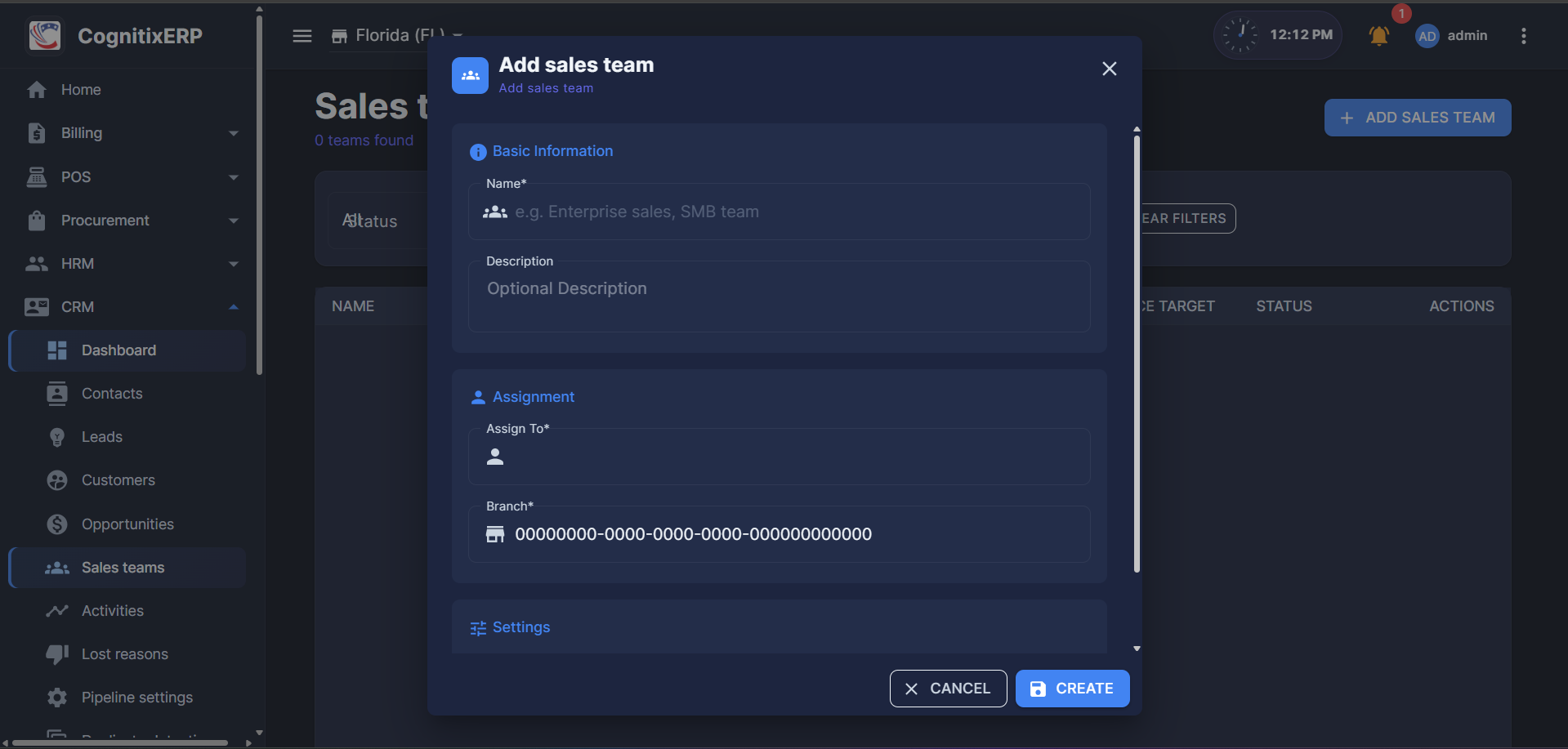 CRM Sales Teams page