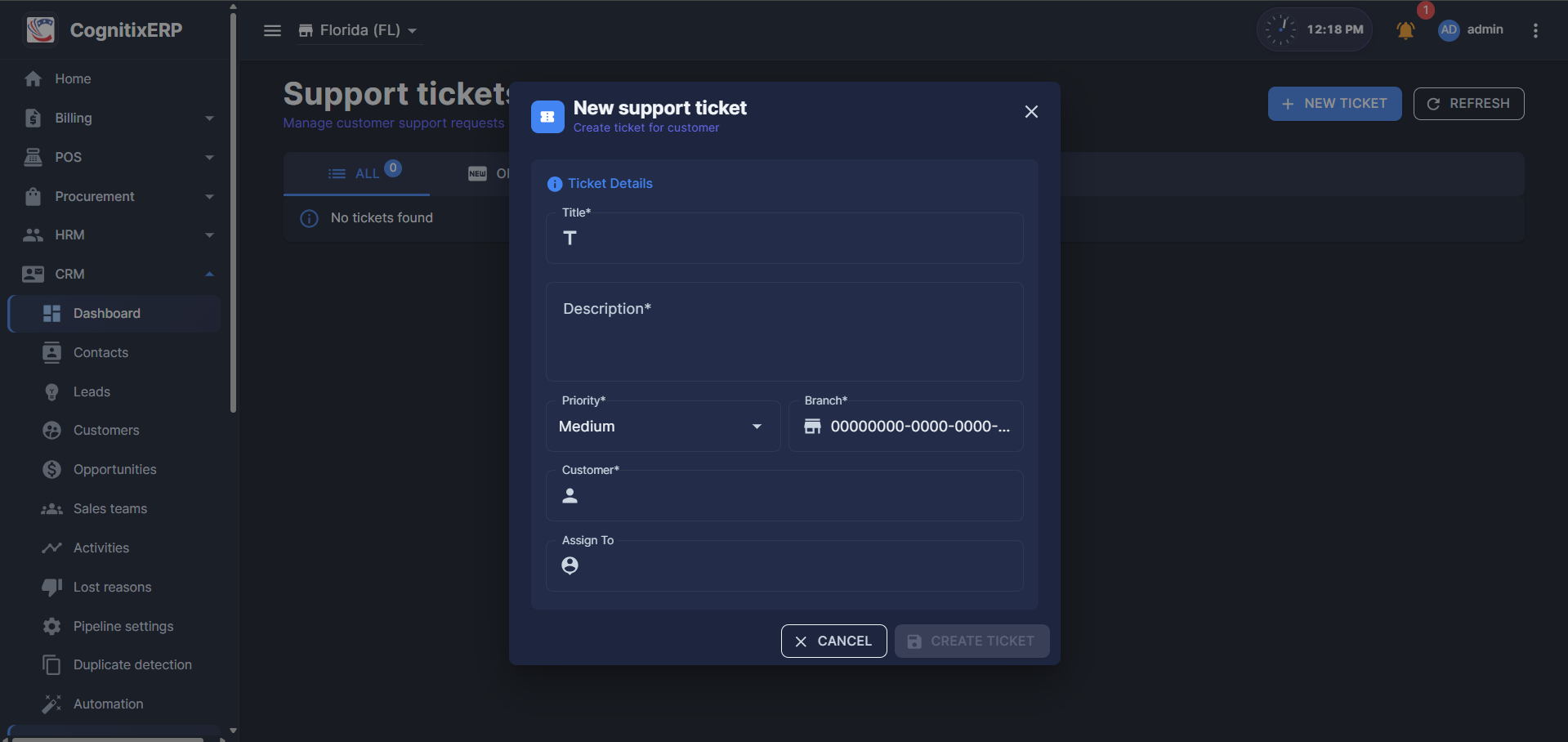 CRM Support Tickets page
