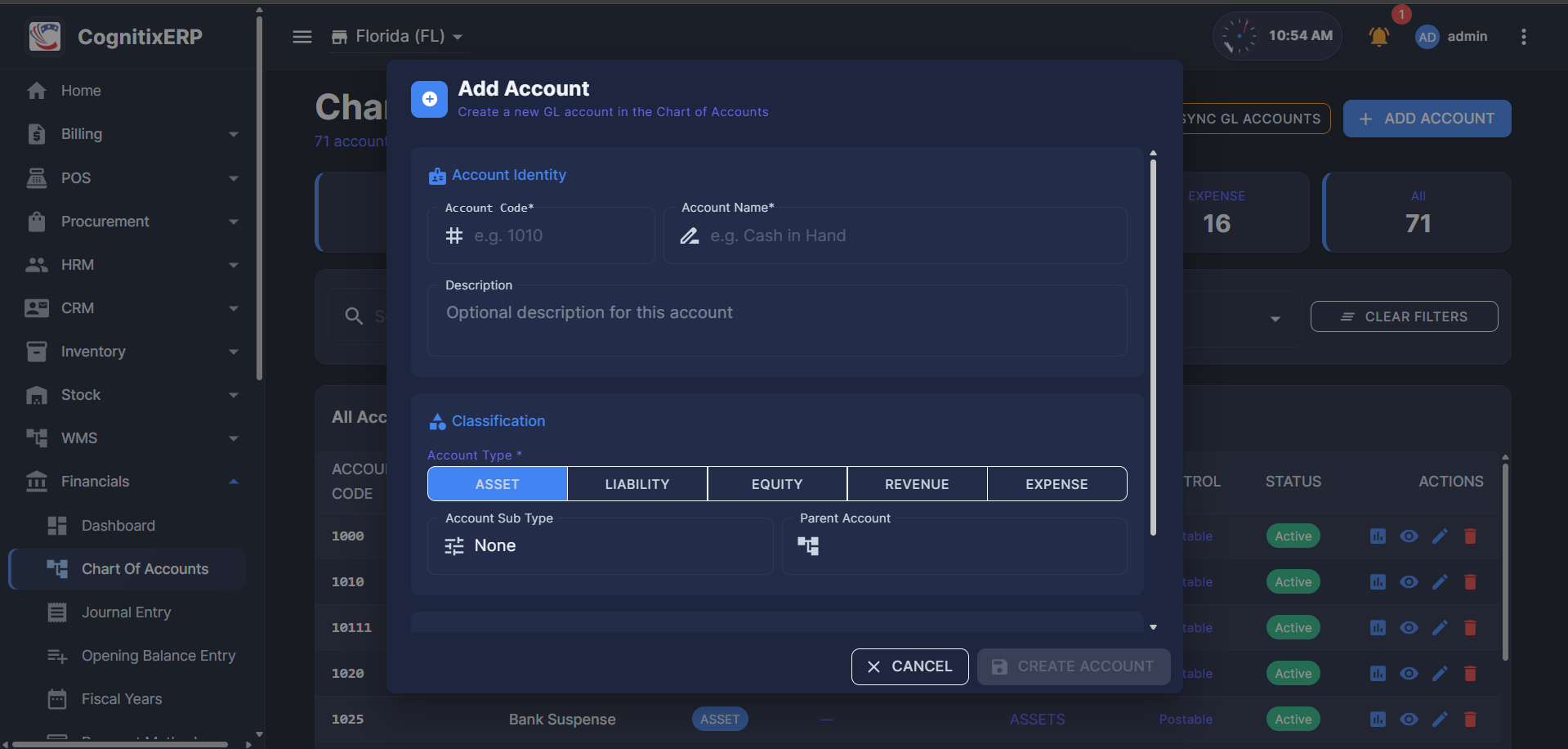 Add Account dialog in Chart of Accounts