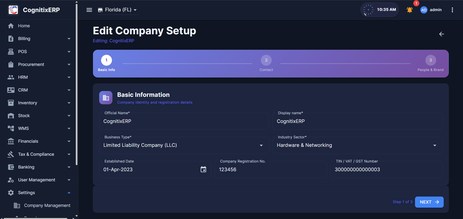 Edit Company Setup — Basic Information step