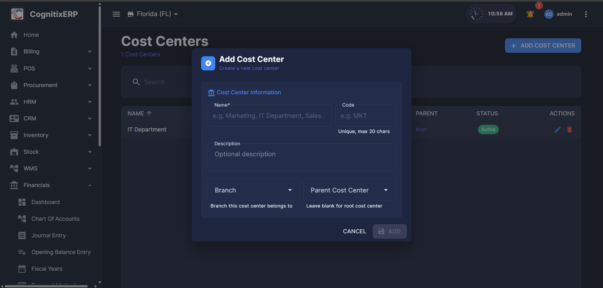 Cost Centers list page
