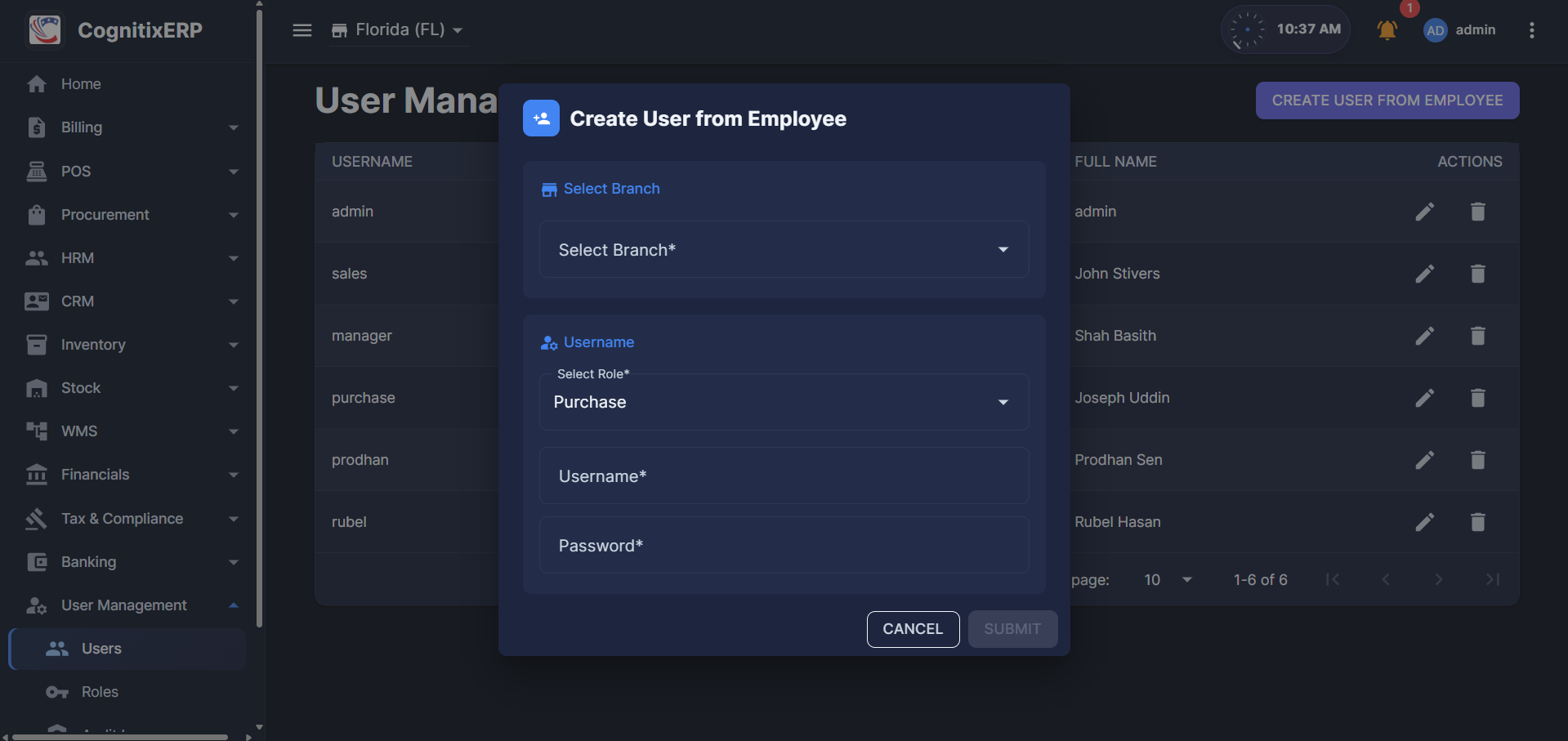 Create User from Employee dialog on User Management page