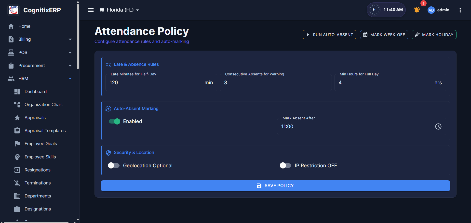 HRM Attendance Policies page