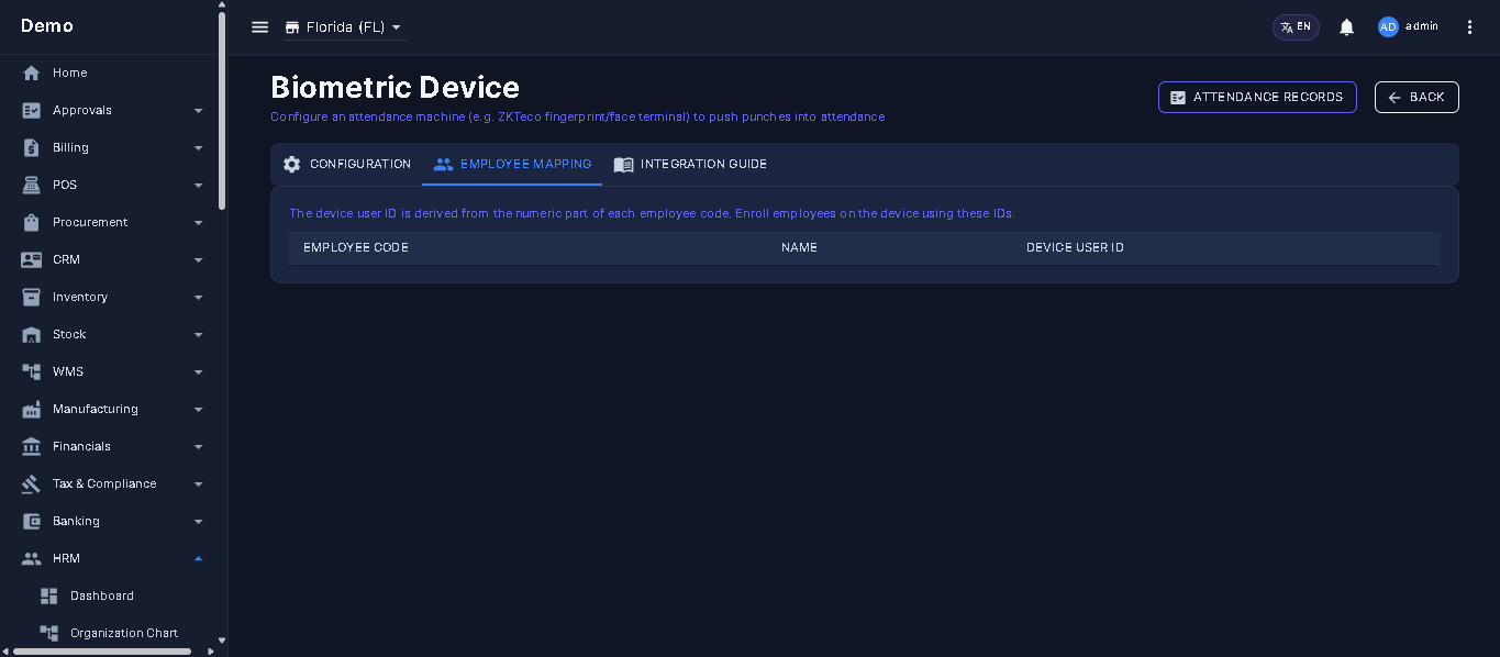 Biometric employee to device user-ID mapping table