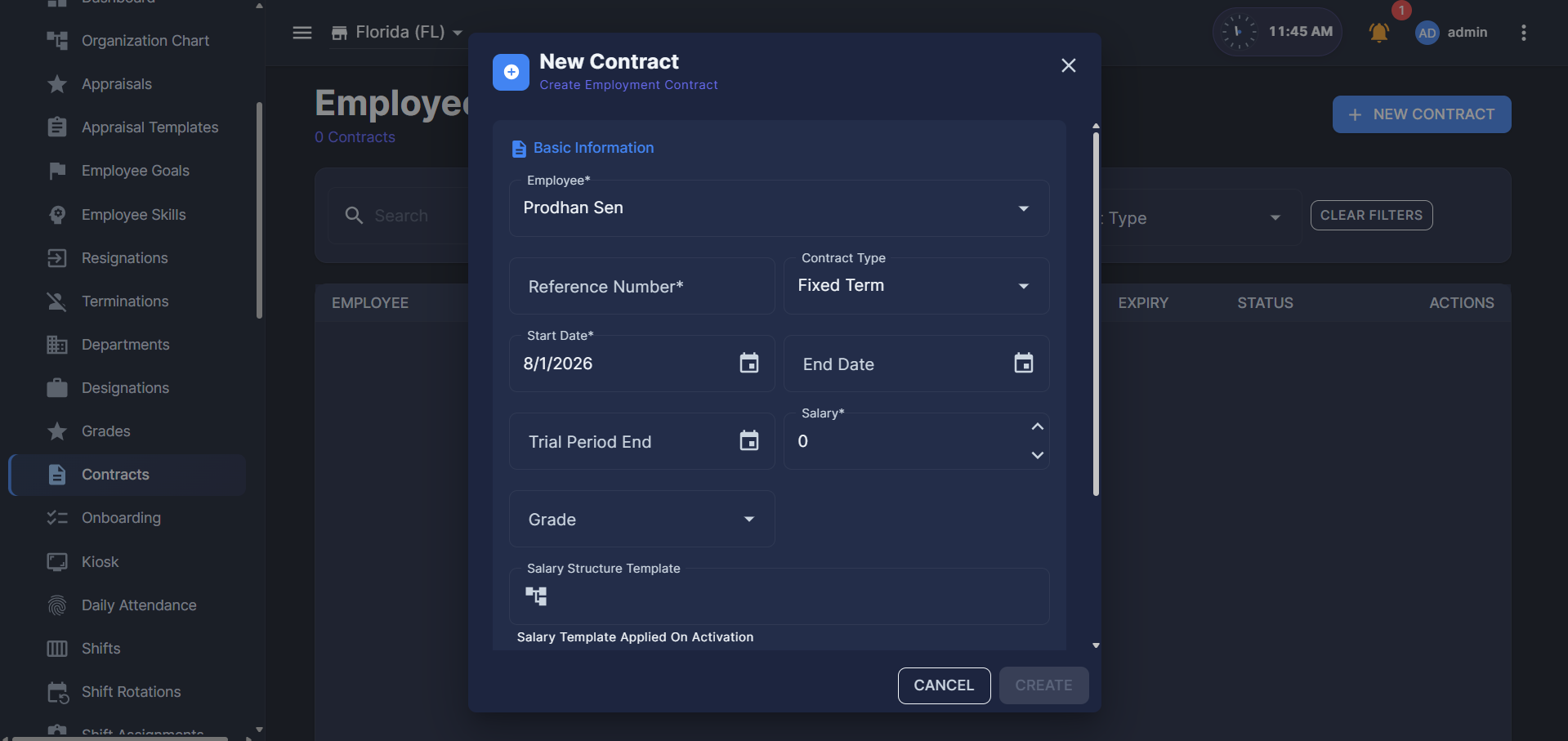 HRM Contracts page