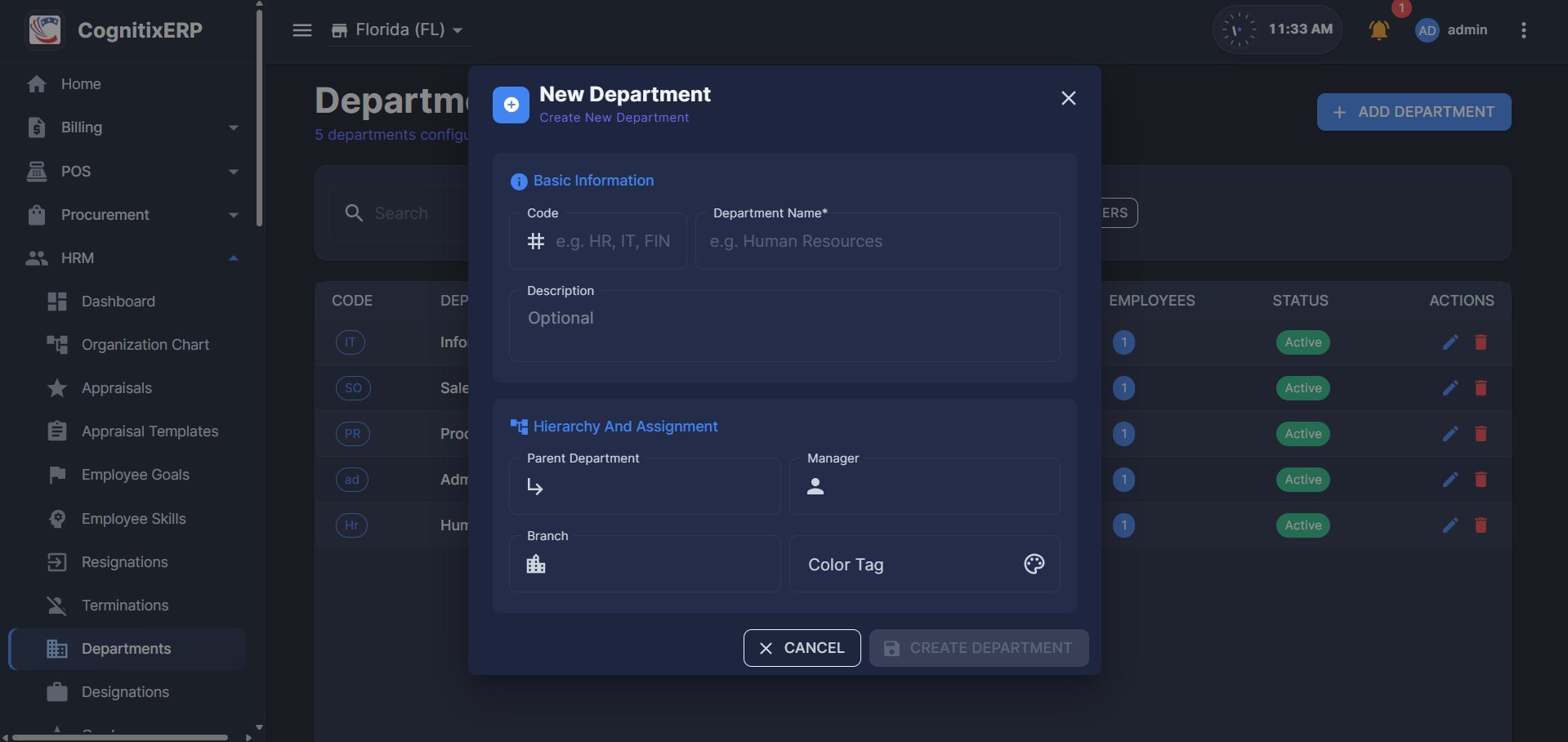 HRM Departments list and add dialog