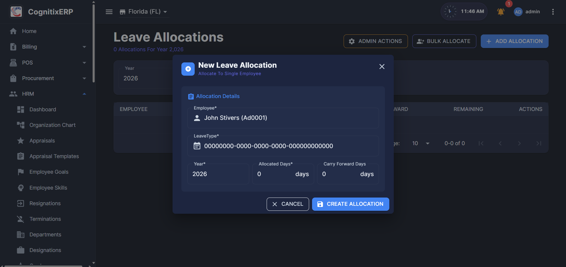 HRM Leave Allocations page