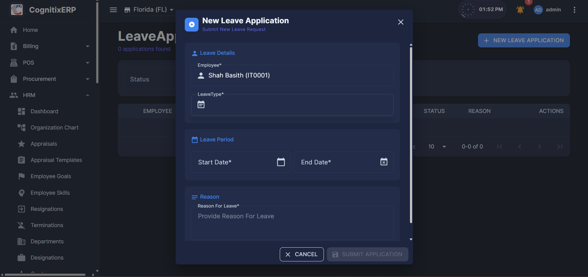 HRM Leave Applications page