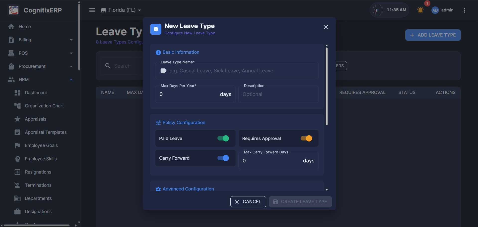 HRM Leave Types configuration