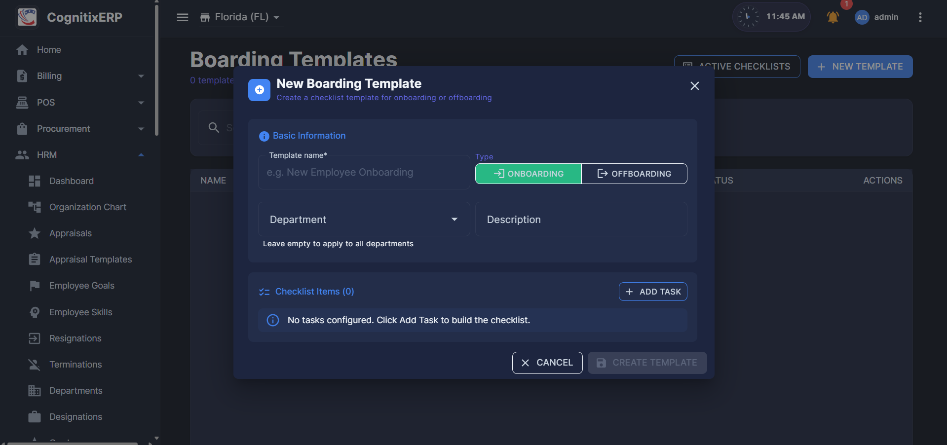 HRM Onboarding Templates page