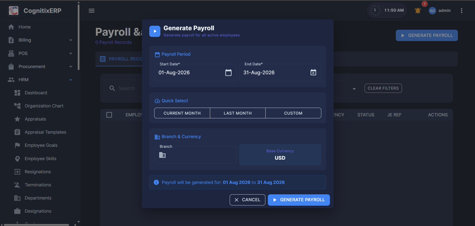 HRM Payroll and Benefits processing page