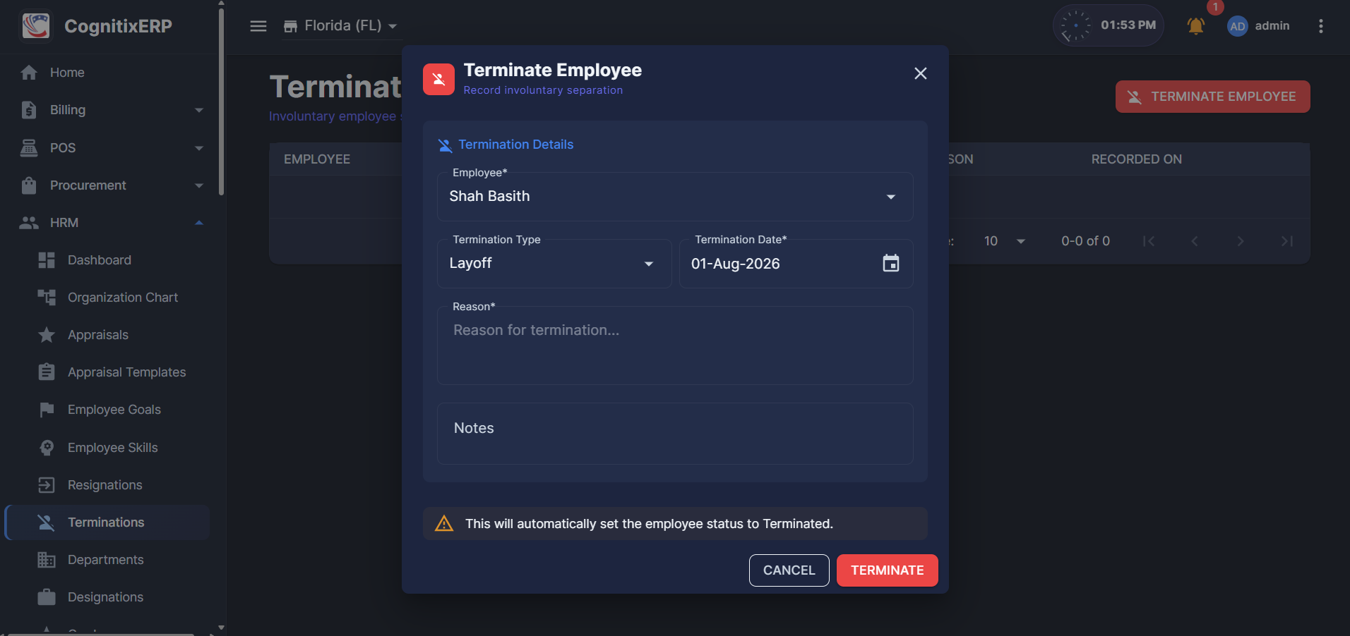 HRM Terminations page