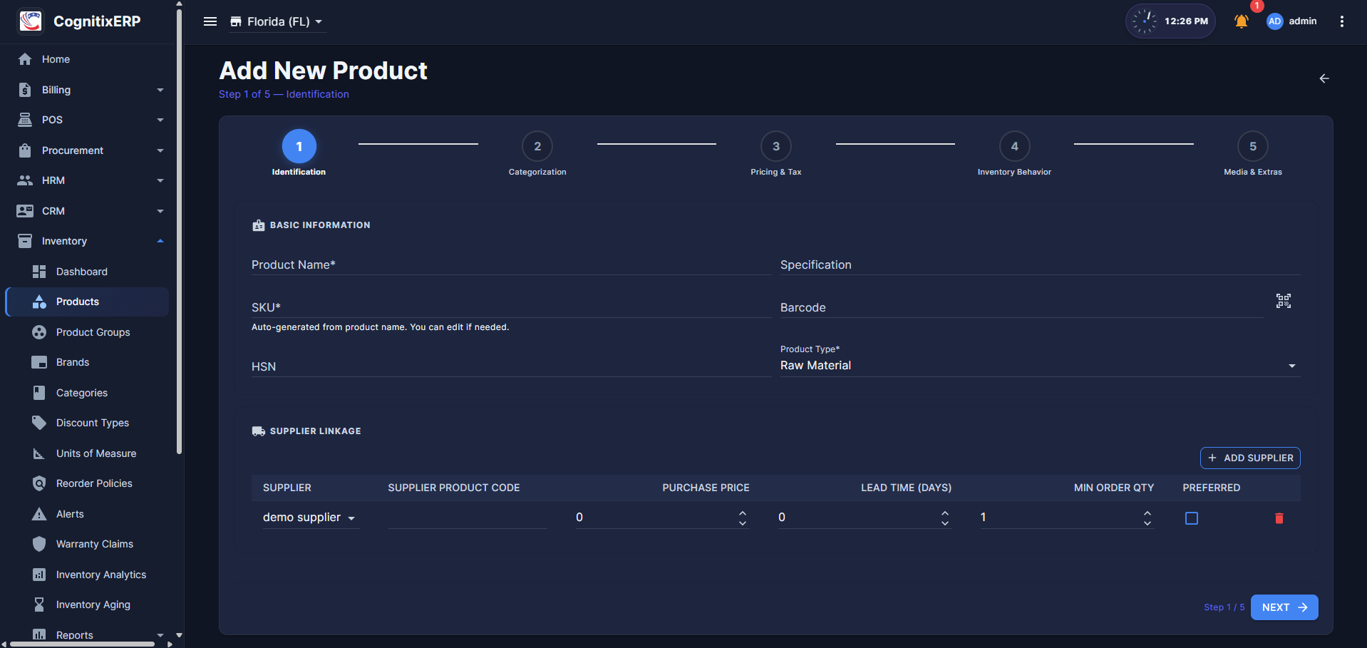 Inventory Add Product registration wizard