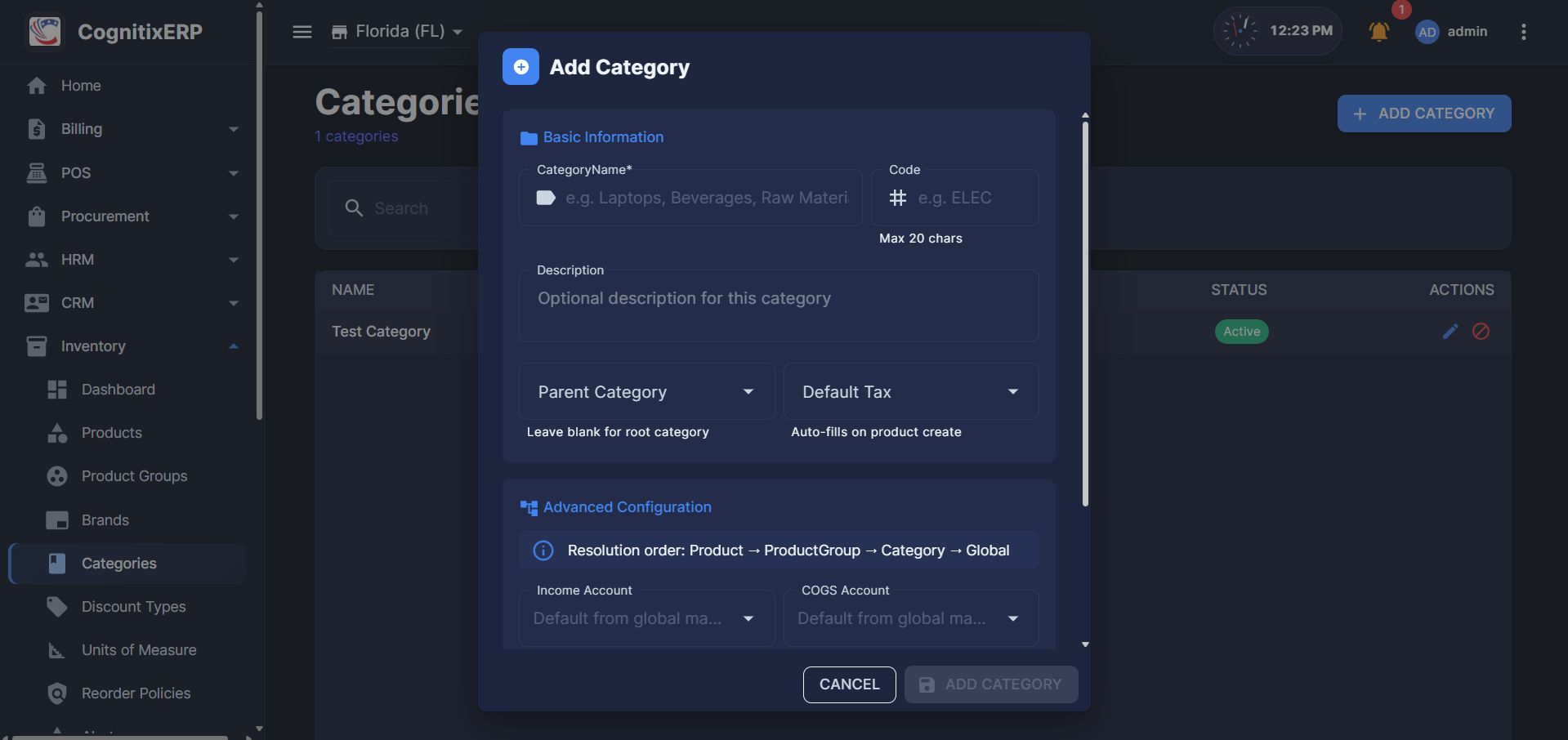 Inventory Categories page