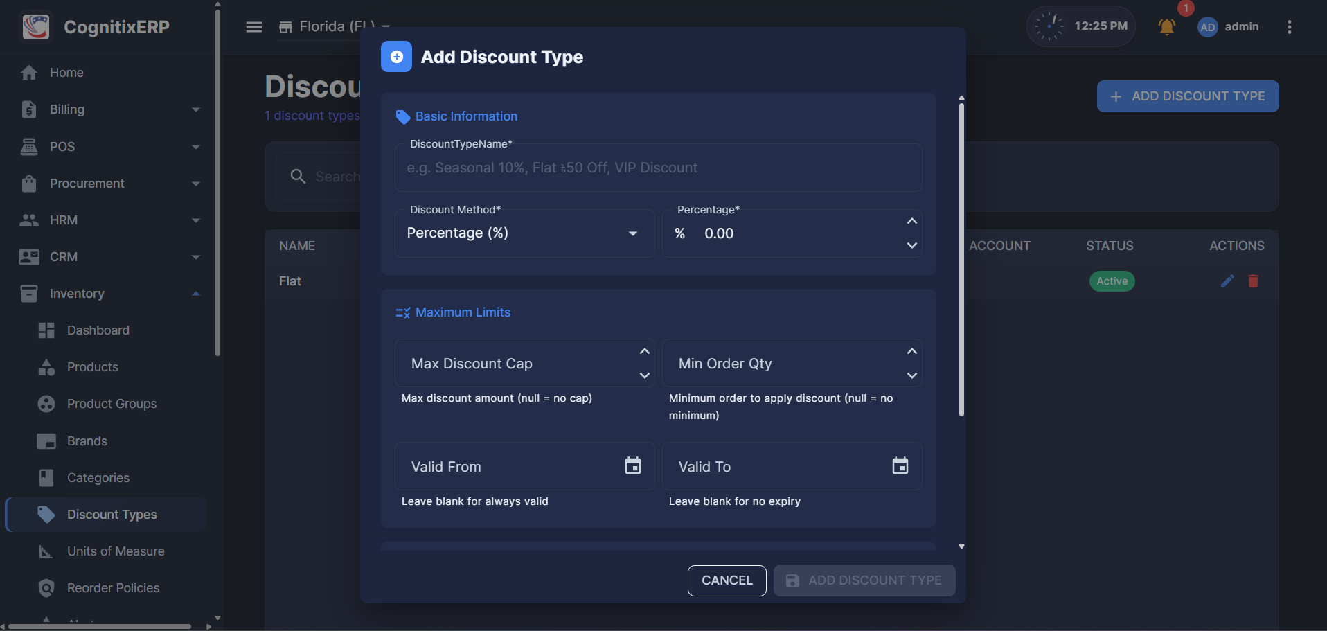 Inventory Discount Types page