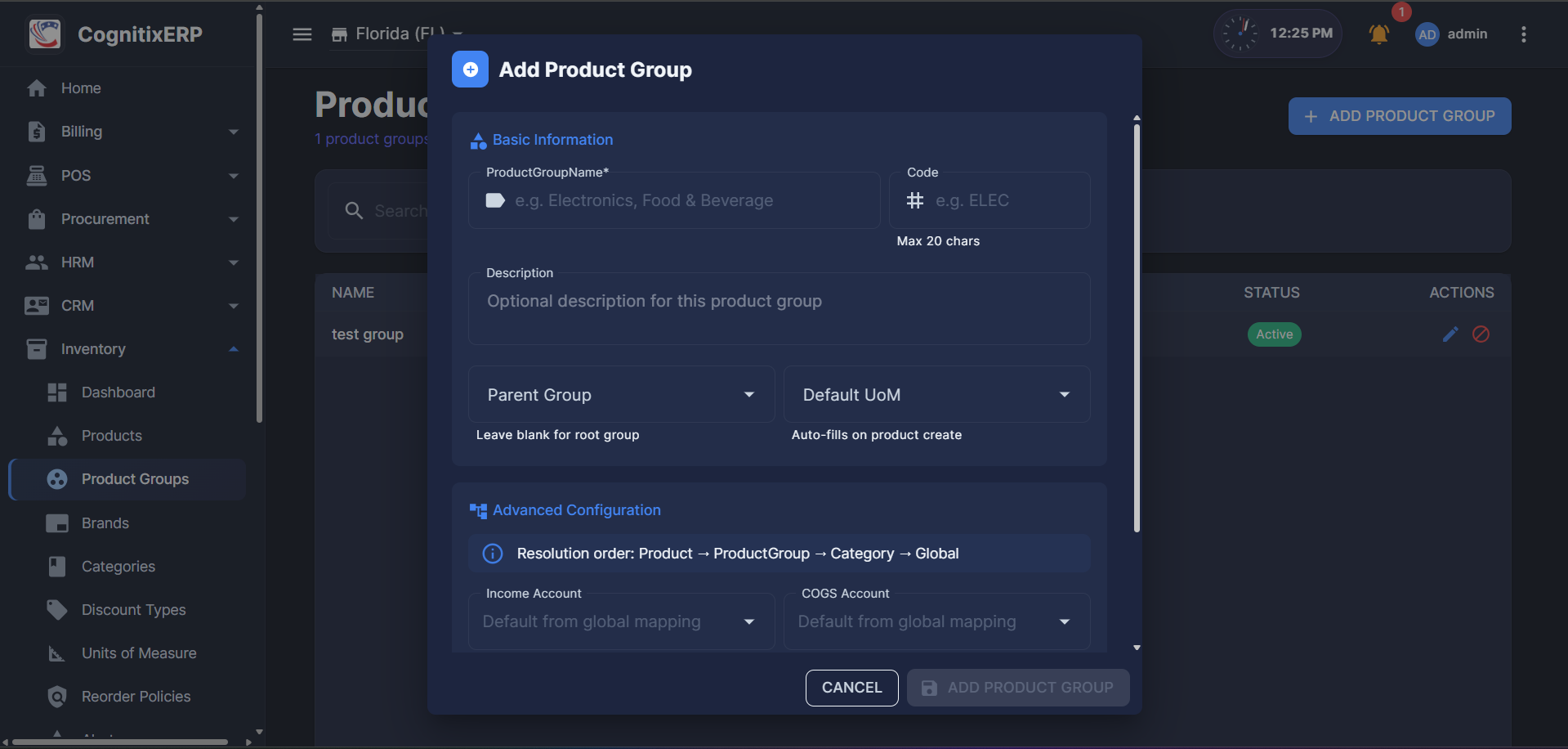 Inventory Product Groups page