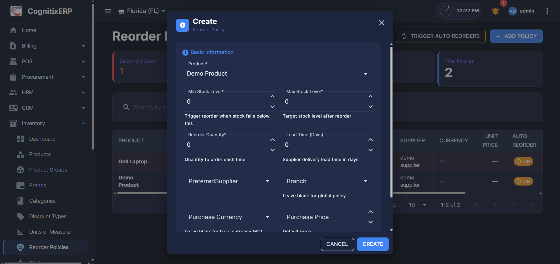 Inventory Reorder Policies page