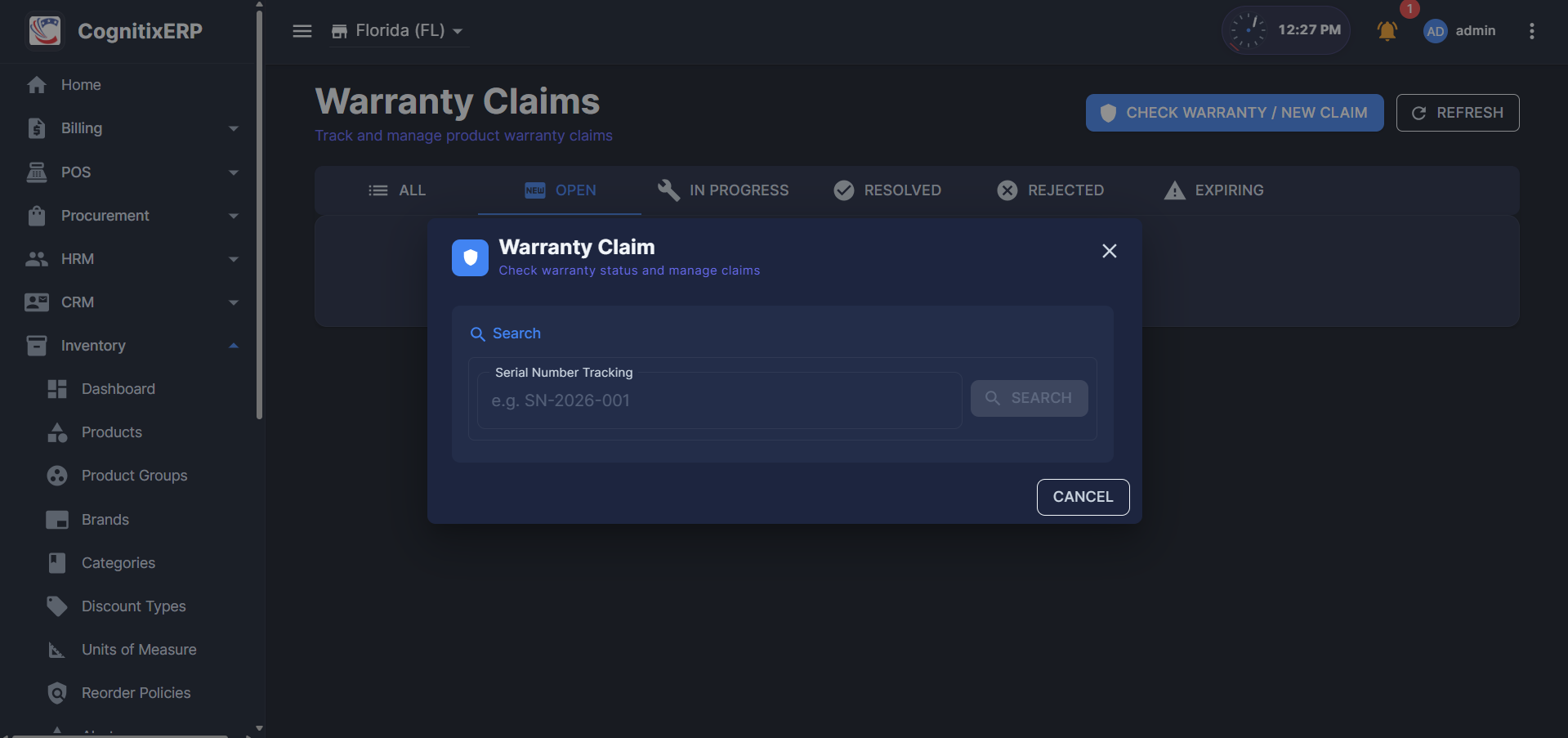 Inventory Warranty Claims page