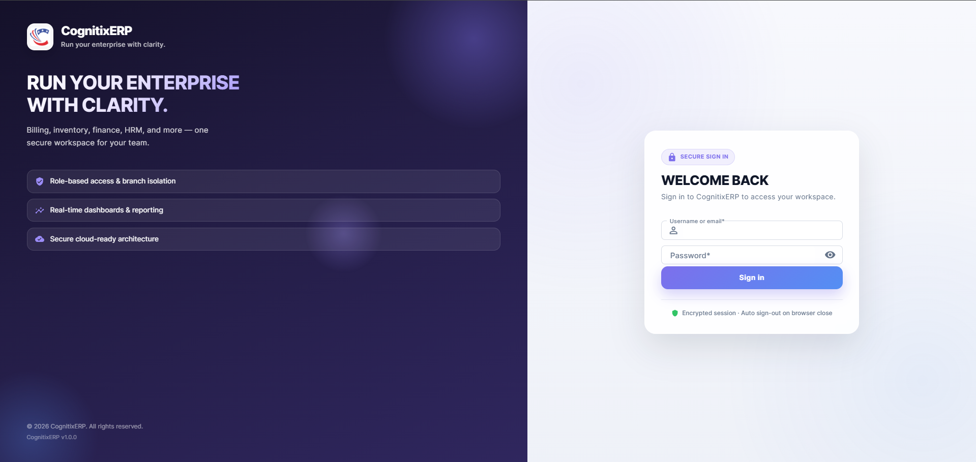 CognitixERP secure sign-in screen