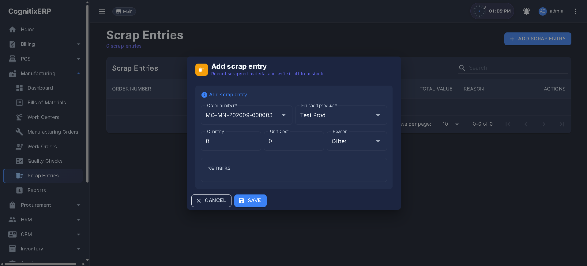 Manufacturing Scrap Entries page