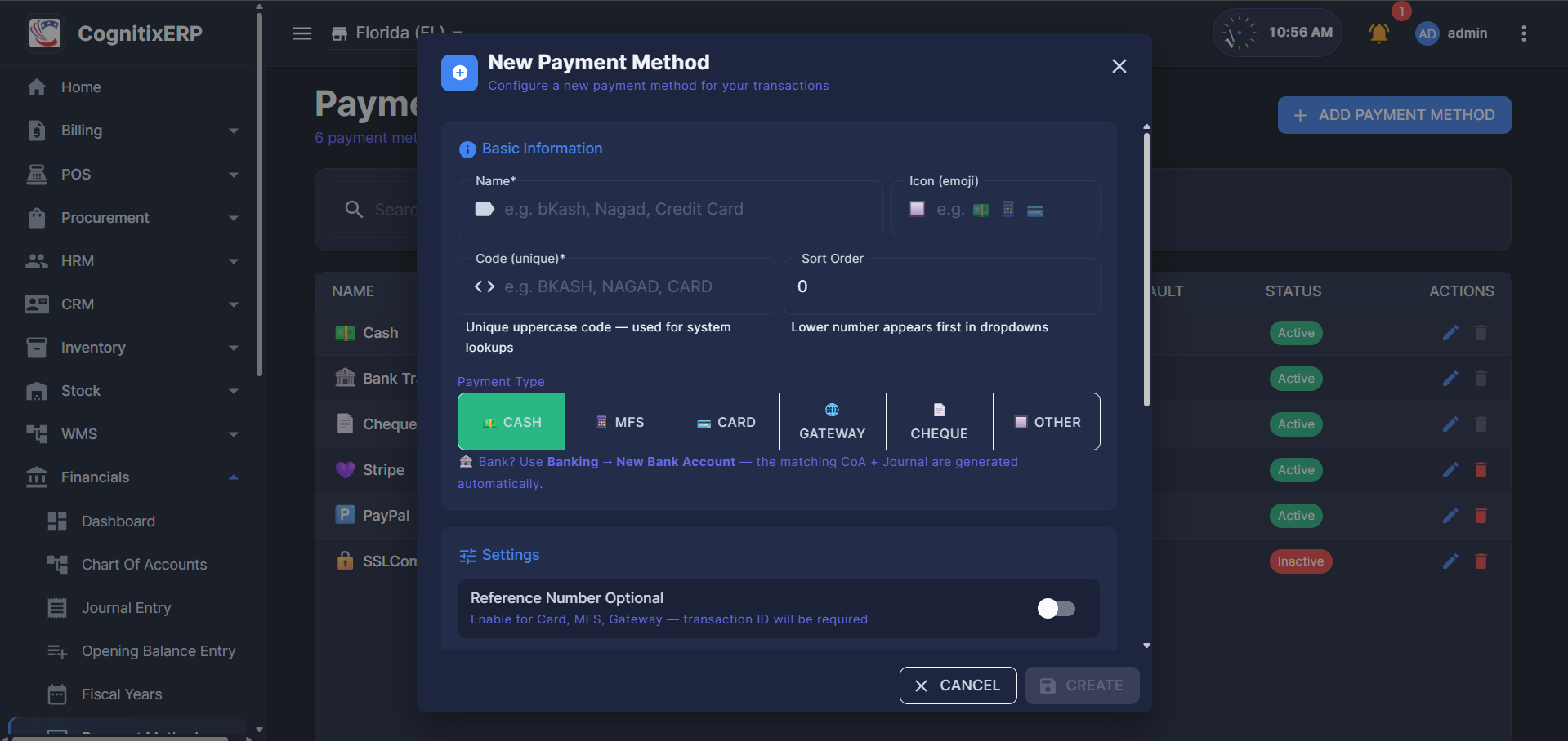 New Payment Method dialog