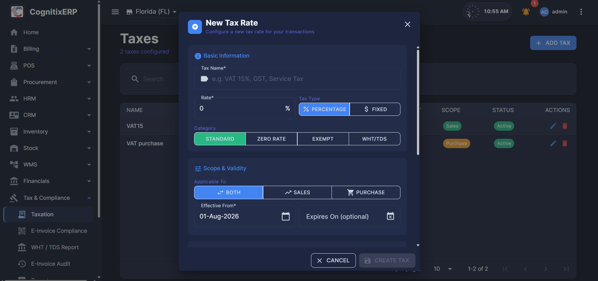 New Tax Rate dialog in Taxation