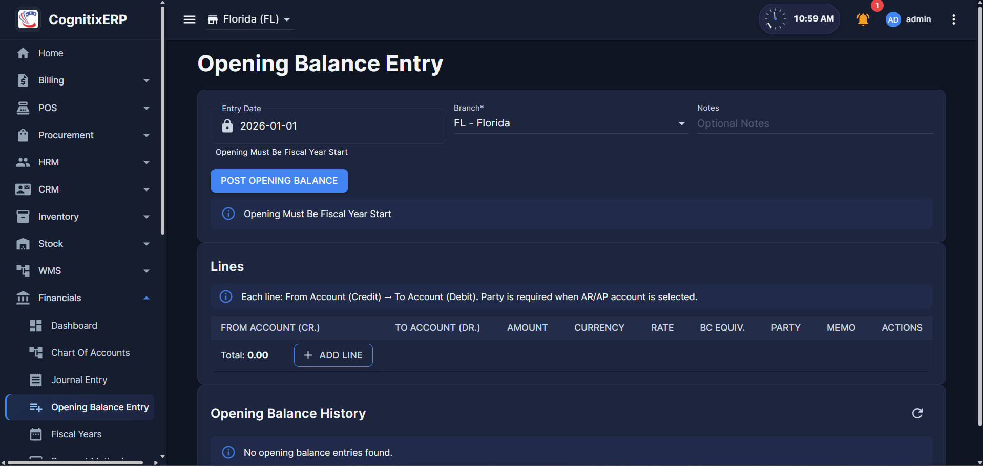 Opening Balance migration go-live screen