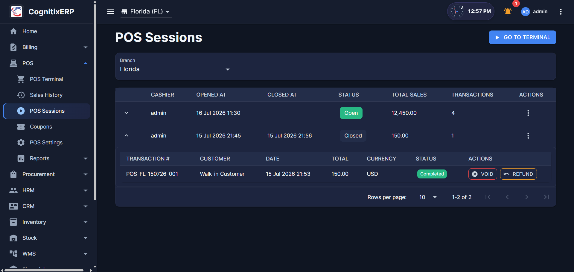 POS Sessions supervisor page